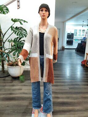 Fortune & Ivy Long Cardigan Large Tan White Brown Open Front